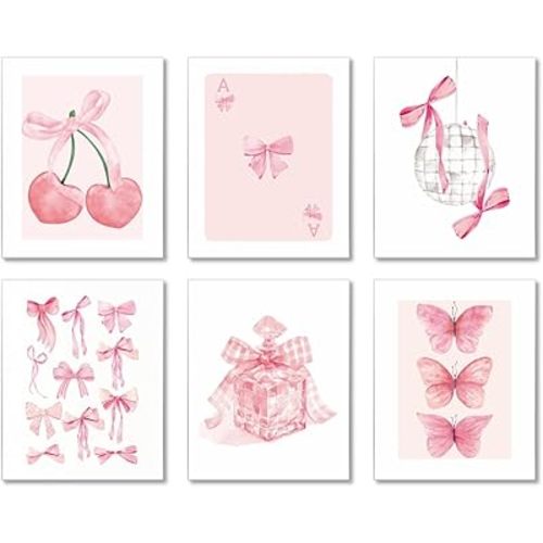 MINI ZOZI Pink Bow Decor 8X10 6PCS Bows Coquette Wall Art Trendy Posters Cherry Paintings Preppy Poster Decorations Girl Bedroom Dorm Nursery Room Cute Pictures Print Aesthetic
