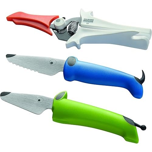 Kuhn Rikon Kinderkitchen® Kids Chef Knife Set With Scissors, 3 Pieces, Green/Blue/White| Cutting Tools Made for Real Cooking | Child Friendly Animal Designs With Hand Guard & Snipper Cover For Safety