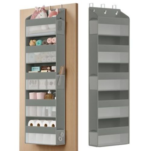 SONGMICS Over-the-Door Organizer, 5-Tier Door Hanging Storage Shelf, Heavy-Duty Closet Hanging Organizer Foldable, Transparent, Pockets, Dove Gray