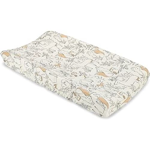 Crane Baby Woodland Quilted Changing Pad Cover, Animal Fox Print, Cotton Sateen, Secure Elastic Fit, Neutral Woodland Animal Nursery Decor for Boys and Girls, Diaper Changing Pad Cover