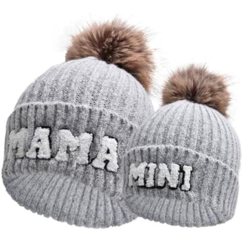 2 Pcs Parent-Child Beanie Hats Mama and Mini Embroidery Knitted Hats Winter Warm Cuffed Ski Cap with Pom Pom