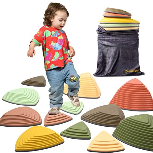makarci Stepping Stones for Kids 12pcs Obstacle Courses Play Indoor Outdoor, Full Rubber Rim Plastic Hilltop for Kids Balance and Integration Improvement Age 3 4 5 6 7 8 +（Forest）