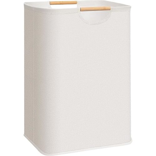 STORAGE MANIAC Large Laundry Hamper, 80L (21.1 Gal) Collapsible Laundry Basket with Bamboo Handles, Freestanding Waterproof Clothes Hamper for Laundry Room, Bedroom, Dorm, Towels, Toys, Beige