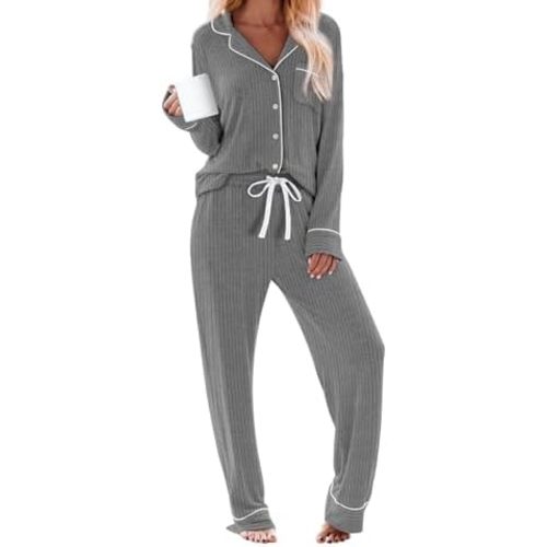 Conjunto de Pijama para Mujer de Manga Larga con Botones Ropa de Dormir de Punto Suave Pjs Conjunto de Salón de 2 Piezas