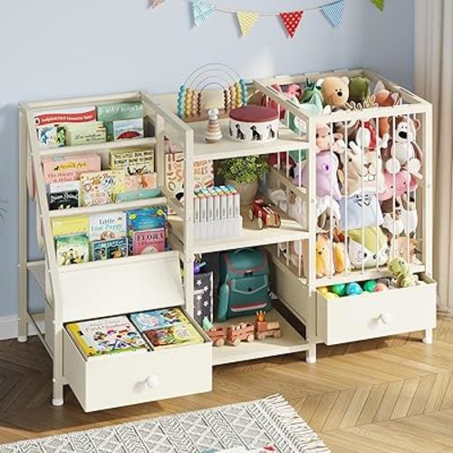 Kids Bookshelf and Toy Storage, Montessori Baby Bookcase with Stuffed Animal Storage and 2 Drawers, 3-Tier Sling Book Shelf for Kids Room, Nursery, Kindergarten, Playroom, Beige