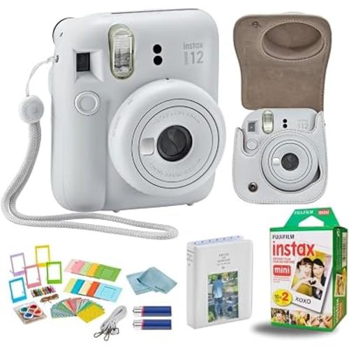 Fujifilm Instant Mini 12 Camera + Accessory Bundle & Custom Case + Fuji Instant (20 Shots) Designer Mini Photo Album (60 Pockets) (Clay White)