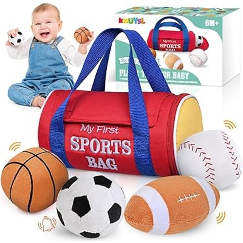 KMUYSL Baby Toys 0-12 Months, My First Sports Bag Plush Toy - 4 Sensory Balls Soft Toys with Crinkle, Rattles for 0-3-6-9-12 Month Newborn Infant, 1st Birthday for Babies Boys Girls Age 1