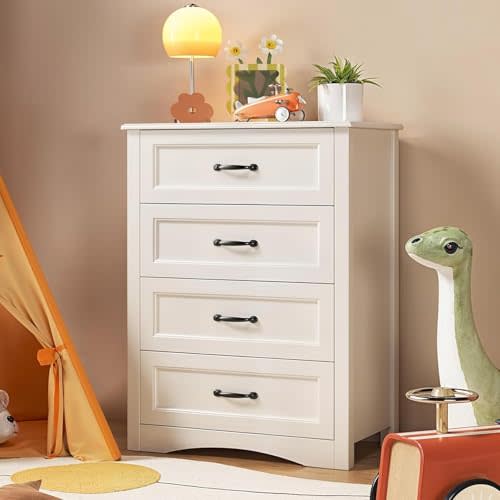 Gizoon Dresser for Bedroom with 4 Drawers Wooden Chest of Drawers for Closet Dresser Storage Unit Organizer for Hallway Living Room and Office, White