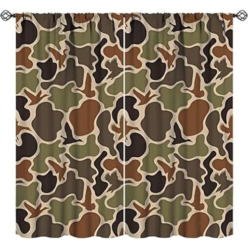 Camouflage Curtains, Rustic Forest Camo Duck Hunting Vintage Green Brown Hunting Wild Animal Window Treatments for Home Kitchen Bedroon Living Room, 42x45in (No Blackout)