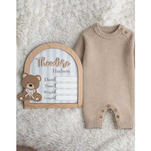 Teddy Bear Newborn Birth Announcement Stat Sign for Hospital, Baby Boy Nursery Decor, Whimsical Stripe Baby Fresh 48, New Parents Keepsake