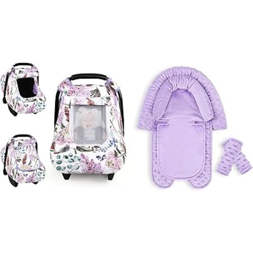 Car Seat Cover Baby, HNHUAMING Infant Car Seat Covers Canopy for Baby Girl Boy, Ultra Soft Newborn Preemie Carseat Insert Cushion for Girls Boys, Fits Car Seat, Stroller, Swing, Bouncer, Purple