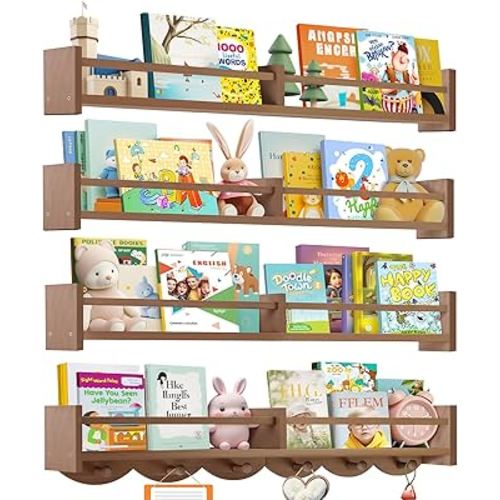 34Inch Nursery Book Shelves Wall Mounted, Floating Book Shelf for Kids Coat Rack with 6 Hooks, Wall Hanging Shelf for Baby Nursery Room Organizer ,Patent Number:US-D1058229-S(4, Light Brown)