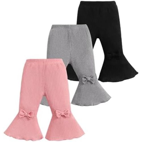 Mioglrie Baby Girl Pants Toddler Leggings 3 Pack Flare Newborn Baby Pants 3 6 9 12 18 24 Months Bell Bottoms for Girls
