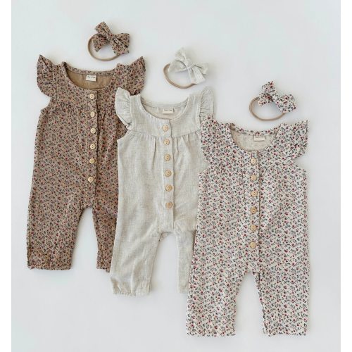 Baby Girl ROMPER Jumpsuit Cotton Linen blend Outfit Short Sleeve Ruffle Melanie Romper with HeadBow/Clip