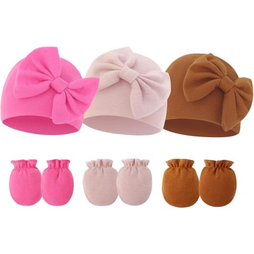 Newborn Baby Hats Mittens Sets Bow Infant Caps Gloves No Scratch Mitten Beanie Set for 0-6 Months Girls