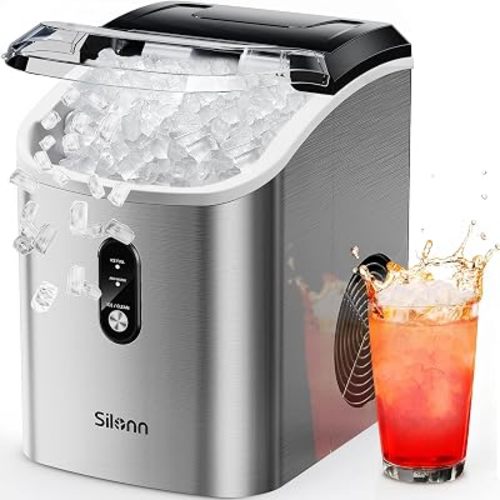 Silonn Nugget Ice Maker Countertop, Pellet Ice Machine with Self-Cleaning Function, Sonic Ice Maker Produces 36lbs of Chewable Ice in 24 Hours, Ideal for Home Kitchen and Office (Stainless Steel-17T)