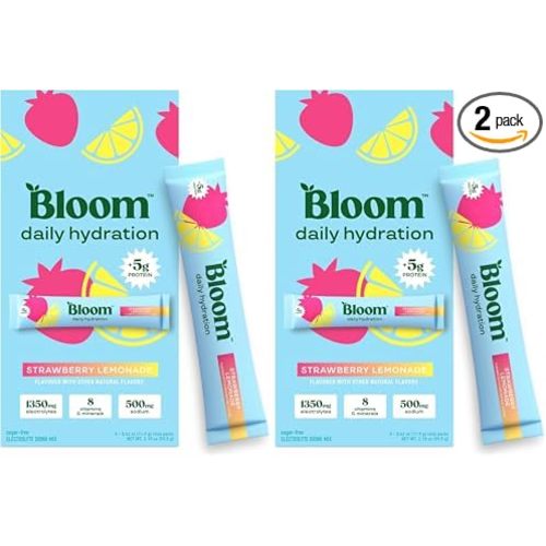 Bloom Nutrition Hydration Electrolyte Sticks, Strawberry Lemonade, 10 Count | Electrolytes with Collagen, 5g Protein, Vitamins & Minerals, Sugar Free Drink Mix