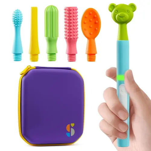 Special Supplies Buzz Buddy Oral Motor Stimulation kit with 6 Soft Textured Interchangeable Heads, Calm Sensory Needs, Support Speech, and Stimulate Self Feeding, Gentle Vibrations (Light Blue)