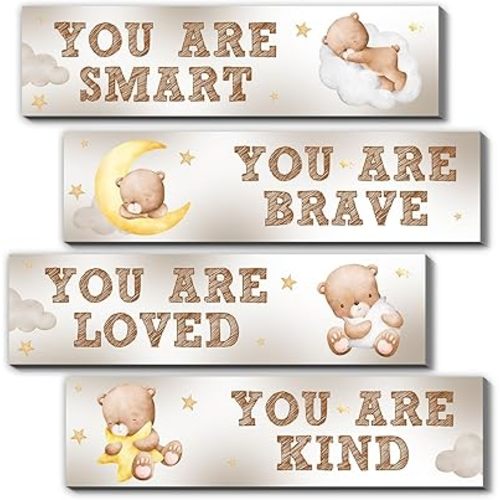 Bear Nursery Wall Decor,Wooden Bear Wall Art for Baby Boy,4PCS Cute Boy Room Decor for Nursery Themes Bathroom Living Room Classroom Home Decoration,Perfect Gifts for Birthday Baby Shower