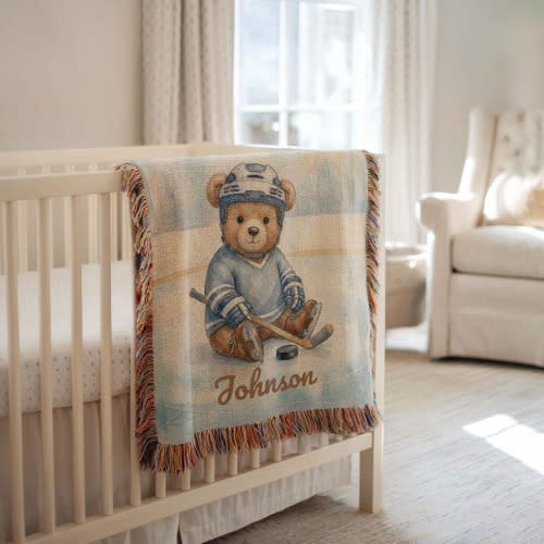 Personalized Hockey Baby Woven Blanket for Teddy Bear Lover | Baby Shower Gift Idea for Baby | Custom Name Crib Blanket for Baby, Hockey Fan