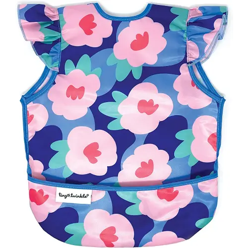Tiny Twinkle Mess Proof Baby Bib - Waterproof & Lightweight Baby-Led Weaning Apron | 100% Recycled Polyester, Easy Clean & Machine Washable (Floral Blue, Small 6-24 Months)