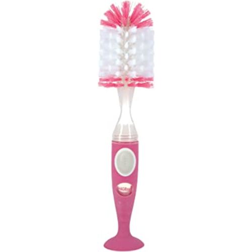 Nuby Easy Clean Dispensing Soft and Durable Bristle Bottle Brush with Textured Handles and Suction Base, 2 in 1 System, Pink
