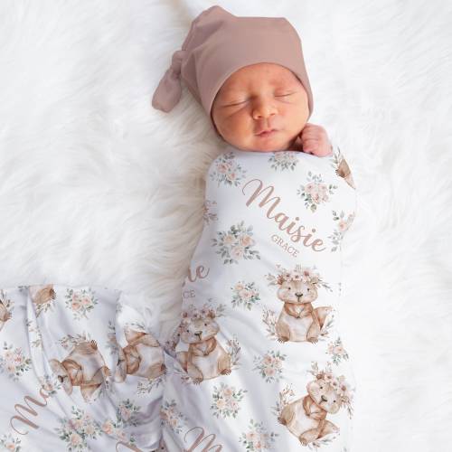 Personalized Beaver Swaddle Blanket Woodland Name Baby Blanket Flowers Newborn Baby Girl Coming Home Outfit Hospital Photo Baby Shower Gift