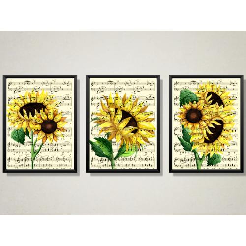 Sunflower Watercolor Print Set: Antique Music Page Art