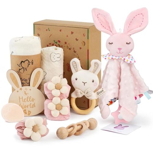 Baby Girl Gift Set for Baby Shower - 10 Piece Newborn Box with Essentials | Include Muslin Swaddle Blanket, Security Blanket, Wooden Rattles, Bib, Flower Headband, Socks, Card for Baby Girl Shower