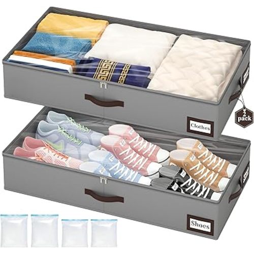 OIAHOMY 2 Pack Under Bed Storage with 4 Compression Bags, Underbed Organizers for Bedroom & Closet, Fits Beds Higher than 5.9", Space-Saving for Seasonal Clothes, Blankets & Shoes - Grey