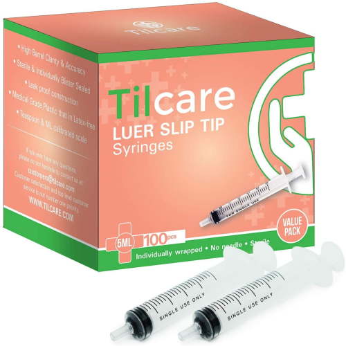 5ml Syringe Without Needle Luer Slip 100 Pack by Tilcare - Sterile Plastic Medicine Droppers for Children, Pets or Adults – Latex-Free Oral Medication Dispenser - Syringes for Glue and Epoxy