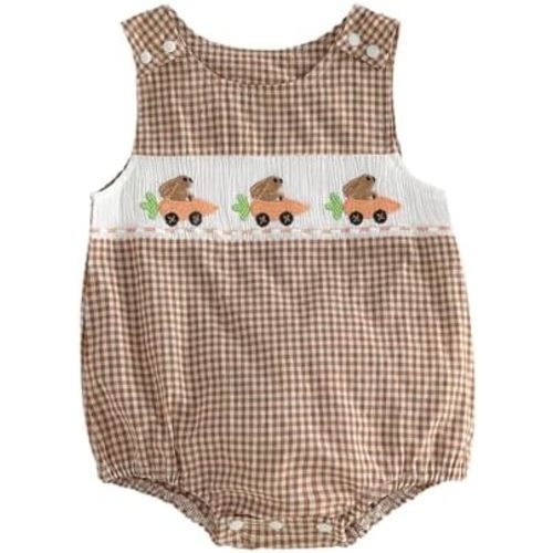 Newborn Baby Boy Easter Outfit Bunny Embroidery Sleeveless Smocked Bubble Romper Striped/Plaid Overalls Bodysuit