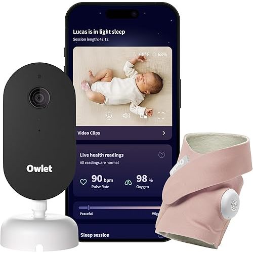 Owlet Dream Duo (Gen 3) Smart Baby Monitor All-in-One Bundle - 2K HD Video Baby Monitor with Alerts & Owlet Dream Sock Tracks Baby’s Oxygen, Heart Rate & Sleep | Health Insights via App | Dusty Rose