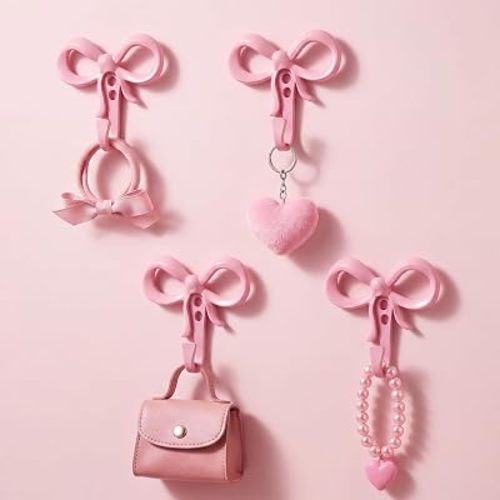 4 Pack Small Pink Bow Wall Hooks Valentine's Day Bow Knot Hooks for Wall 2.36'' Cute Decorative Coat Holder Metal Bowknot Door Hanger for Hats Bags Tie Bath Towels Coats