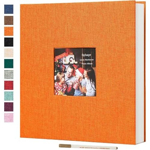 Spbapr Large Photo Album Self Adhesive 3x5 4x6 5x7 8x10 Pictures Magnetic Scrapbook 40 Blank Pages Linen Cover DIY Album with A Metal Pen Orange
