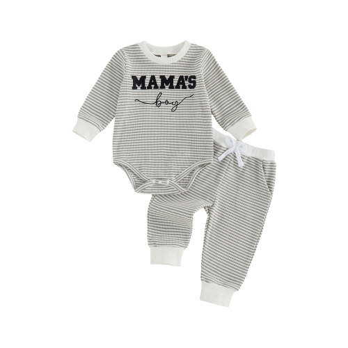 Loicainy Infant Baby Boy Fall Outfit 3 6 12 18 Months Letter Embroidery Striped Waffle Long Sleeve Rompers and Pants 2 Piece Clothes Set