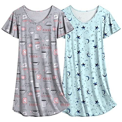 Ekouaer 2 Pack Nightgowns for Women Short Sleeve Nightshirt Soft Sleepdress | Soft, Breathable, Short Flare Sleeve, Slightly Stretchy Fabric, Cute Print Sleepshirt Casual T-shirt Night Dress, Home, Party