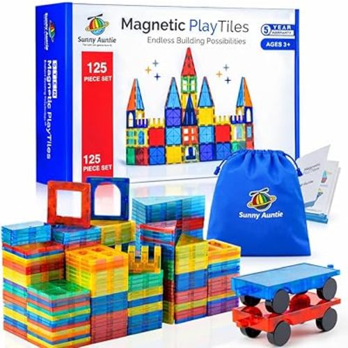 SUNNY AUNTIE Magnetic Tiles STEM Toys Building Set, Ages 3+ - 125 Pieces