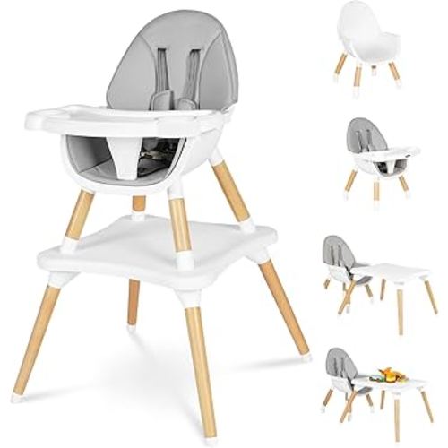 6 in 1 High Chair for Babies & Toddlers, Convertible Wooden Baby Highchair, Table and Chair Set, Baby Feeding Chair, 5-Point Adjustable Harness/4-Position Removable Tray& PU Seat Cushion(Grey)