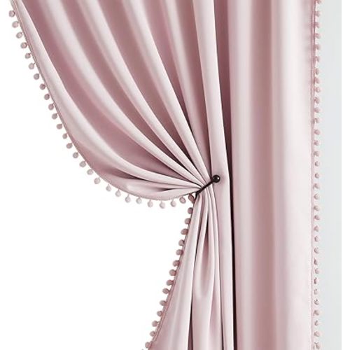 Pom-pom Pink Blackout Curtains for Bedroom 63inch Length Energy Efficient 100% Full Blackout Window Panels for Baby Girls Nursery Living Room Adorable Rod Pocket Drapes 2pcs 52"w Rod Pocket
