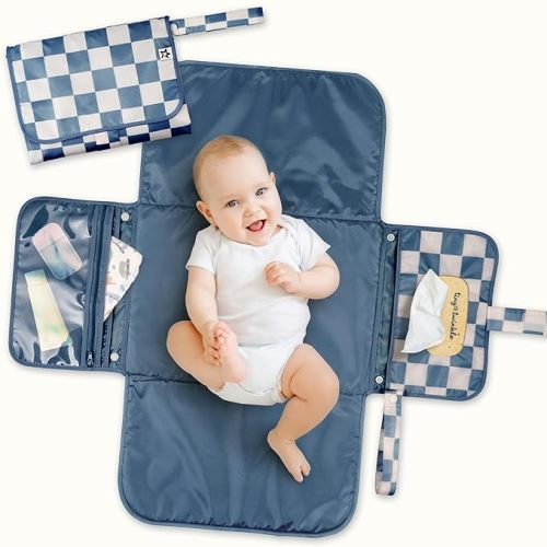 Tiny Twinkle Portable Diaper Changing Pad | Foldable, Waterproof & Compact Travel Changing Mat with Storage | Smart Wipes Pocket for On-The-Go Parents | Newborn Shower Gift (Blue Checkers)
