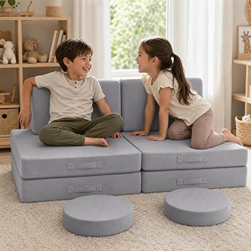 MeMoreCool Play Couch for Kids, 8-Piece Modular Foam Couch Set, Kids Play Couch & Fort Builder Sofa with Machine-Washable Plush Cover, Lightweight 12 lb Pieces, 50 x 28 in, Light Grey