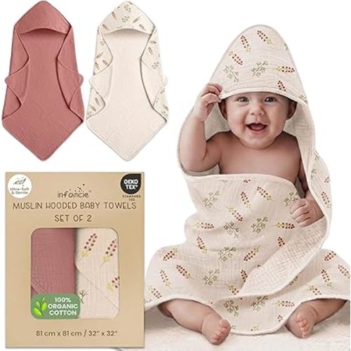 100% Organic Cotton Muslin Baby Hooded Towels 32x32 Inch – 2 Pack Soft & Absorbent Baby Hooded Towel Wrap for Boys & Girls, Premium Hooded Towels, Gentle Baby Essentials in Deep Olive/Ivory