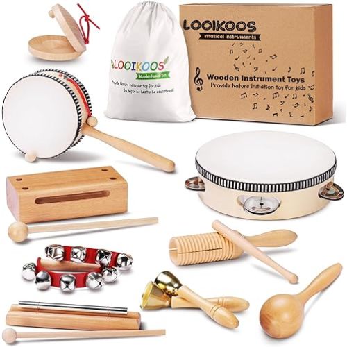 LOOIKOOS Toddler Musical Instruments Montessori Natural Wooden Percussion Instruments for Kids Preschool Educational Musical Toys Set for Boys and Girls with Storage Bag