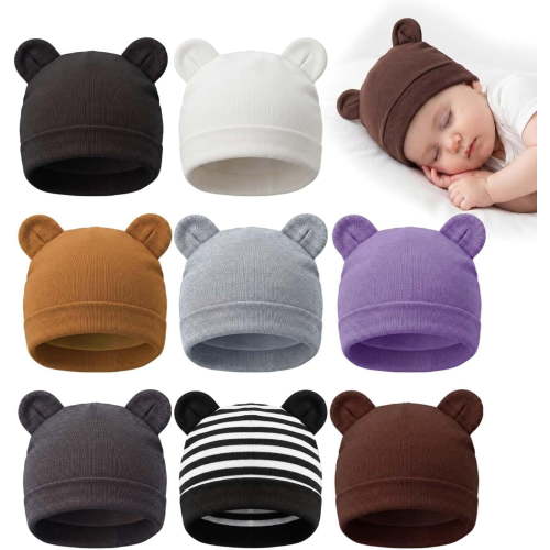 8 Pack Hat with Ears,Unisex Beanie Hats for Boys Girls,0-3 Months