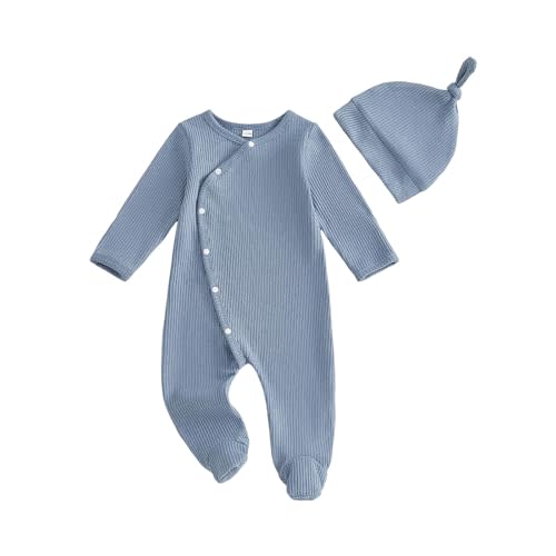 Kuriozud Newborn Baby Boy Going Home Outfit Kimono Romper with Mitten Cuffs | Kimono Footed Romper Jumpsuit with Mitten Cuffs Beanie Hat, Snap Closure, for Hospital, Coming Home, Shower Gift, Photoshoot