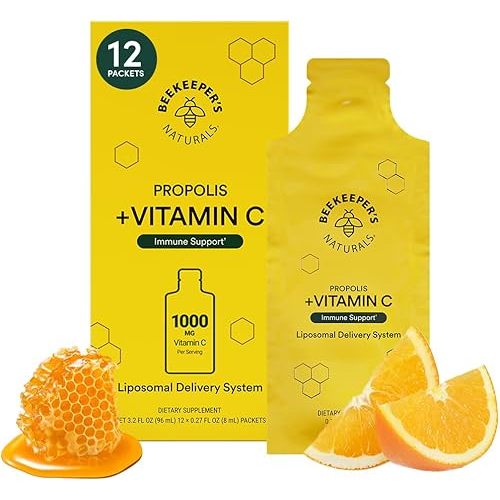 Propolis Liposomal Vitamin C by Beekeeper's Naturals, 1000mg Vitamin C, Propolis & Organic Honey, Supercharged Immune Support & Increased Bioavailibity for Max Absorption, 12 Ct