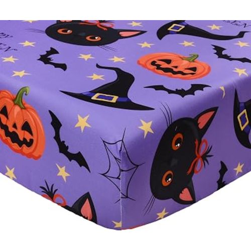 JISEN Halloween Fitted Crib Sheets for Boys Girls 52x28 Inch Cat Purple