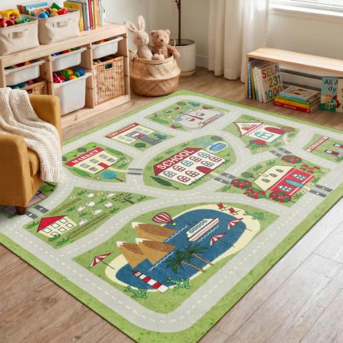 LIVEBOX Green Kids Playroom Rug, 5'x7' Washable Road Rug for Kids Room, Non-Slip Soft Car Rugs Play Mat for Nursery Room, Large City Traffic Rugs Classroom for Boys Girls Dorm Toy Room Tent