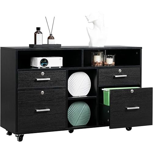 VINGLI Wood Mobile File Cabinet with 4 Drawers and Shelves, Printer Stand with Open Storage, Locking Lateral Filing Cabinet for Home Office, Black